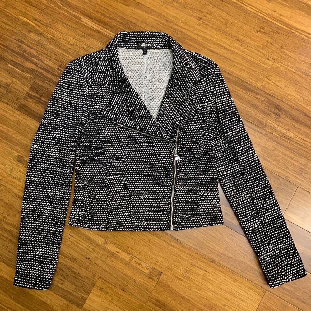 Express Moto Jacket Womens XS Black White Textured‎ Knit Full Zip Asymmetrical